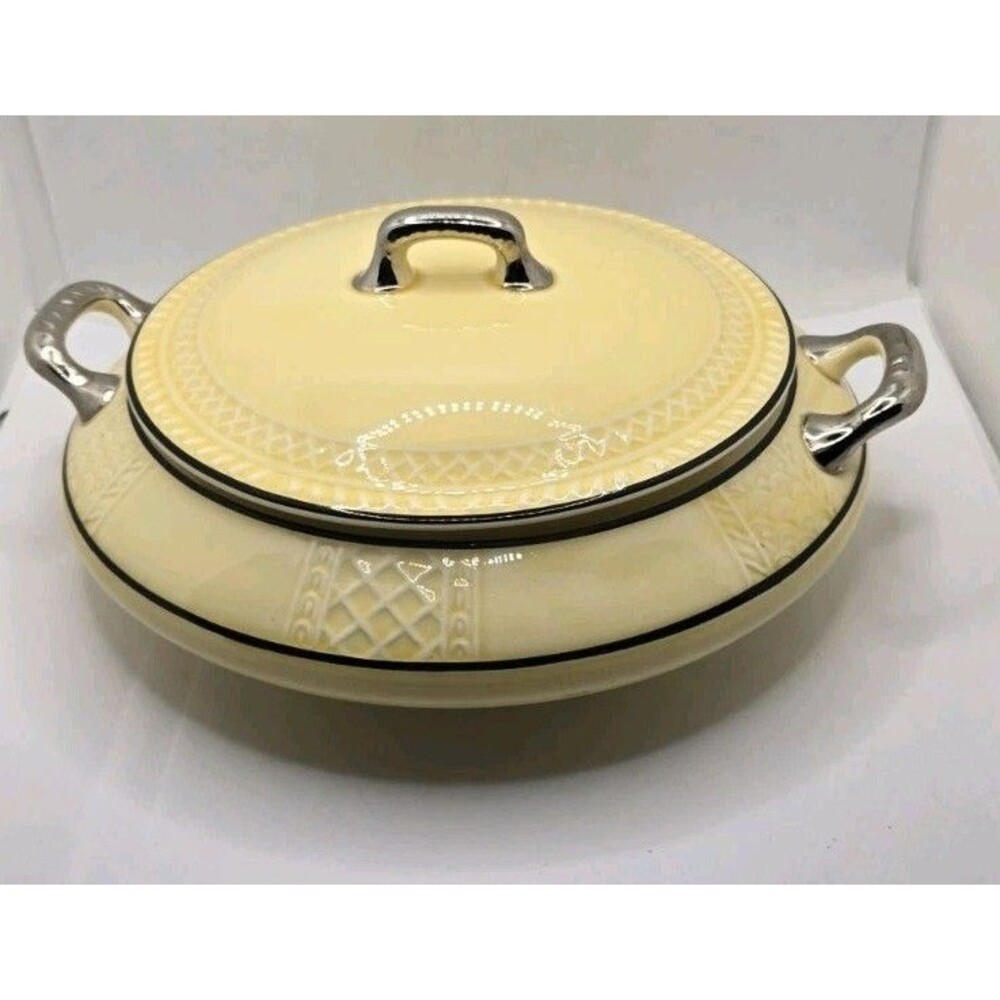 VTG H. L. 1929 Trellis Casserole w Lid Yellow Black Line Platinum Handles MCM